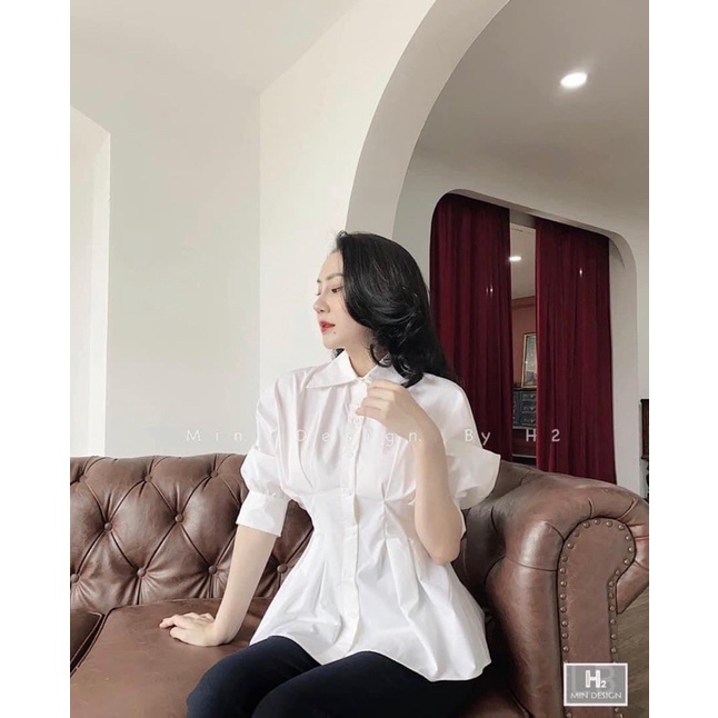 áo sơ mi nữ trắng công sở nhúm eo dáng xòe nữ tính | BigBuy360 - bigbuy360.vn
