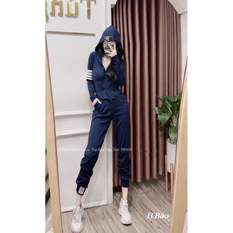 Bộ len thụng mũ vạt bầu mix quần jogger sọc thể thao đồ bộ nữ thu đông
