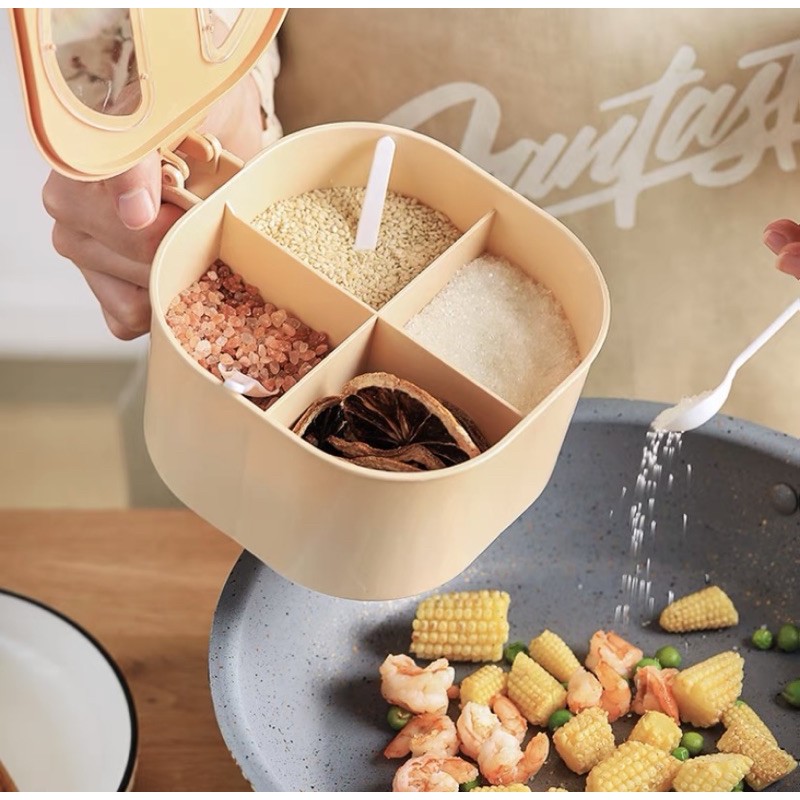 Hộp nhựa đựng gia vị 4 ngăn kèm thìa hàng nội địa Trung cao cấp QHMC