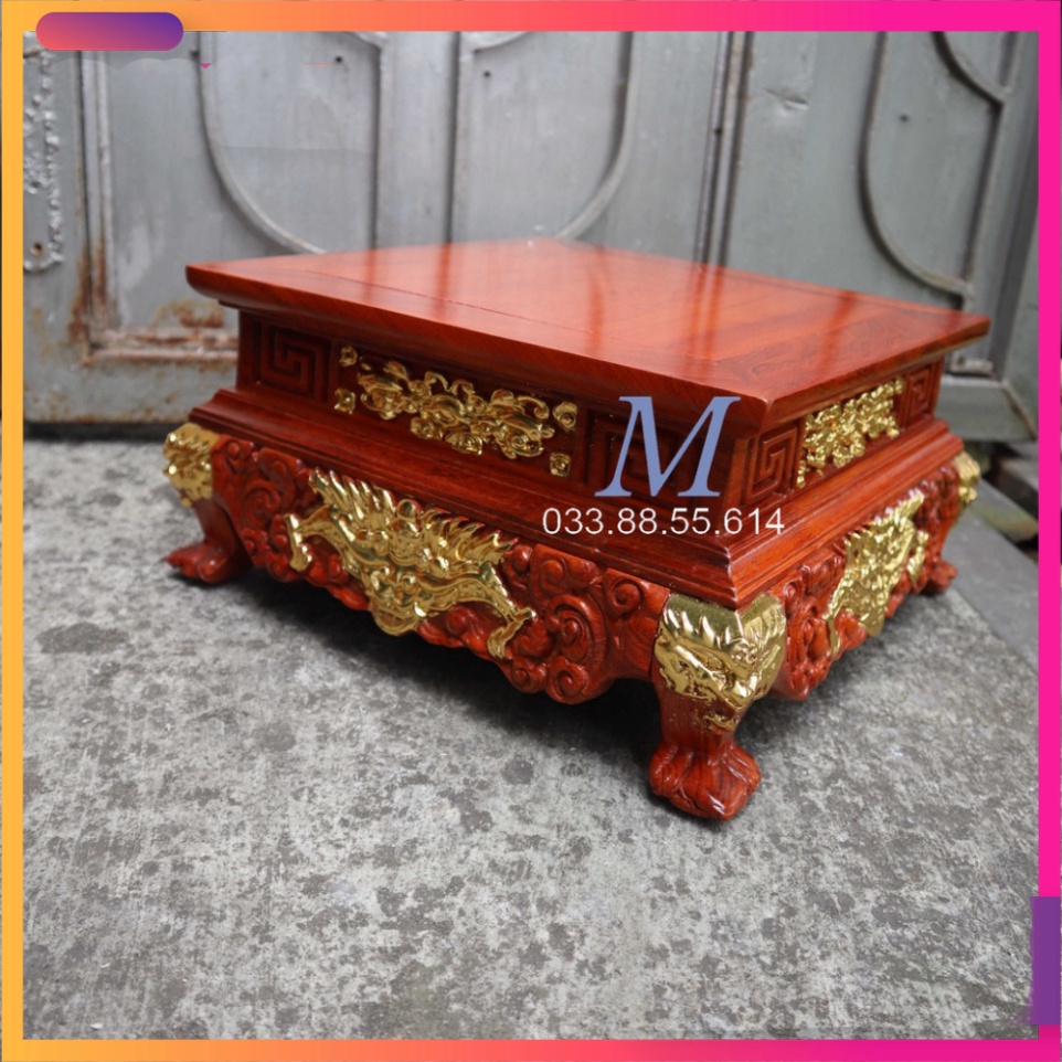 Kỷ Chân Vuông Trạm Rồng Vàng Gỗ Hương Cao 15cm Mặt 20,25,30