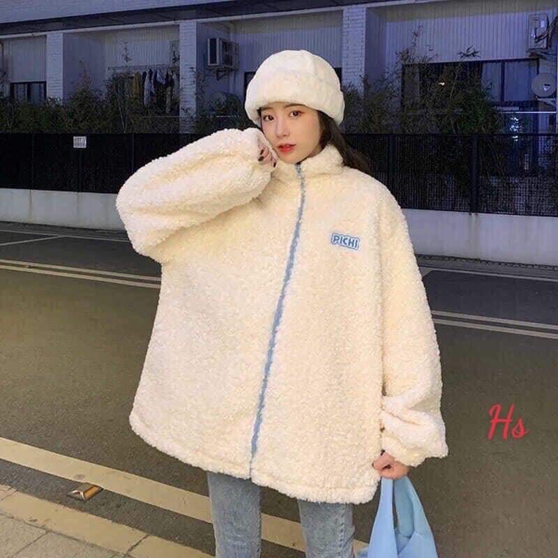 Áo Khoác Lông Cừu Ulzzang Mềm Mịn Ấm Áp 2 Màu Xanh Trắng (Tặng kèm dây cột tóc hoa cúc)