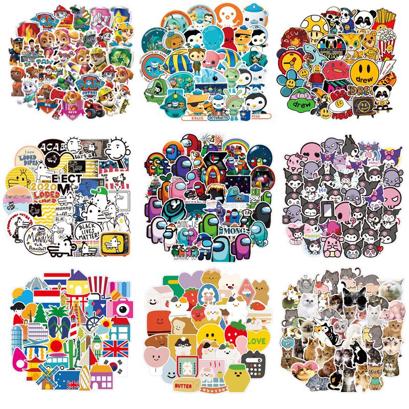 Set 50 sticker dán mũ bảo hiểm hình tiện dụng nhiều họa tiết xinh xắn