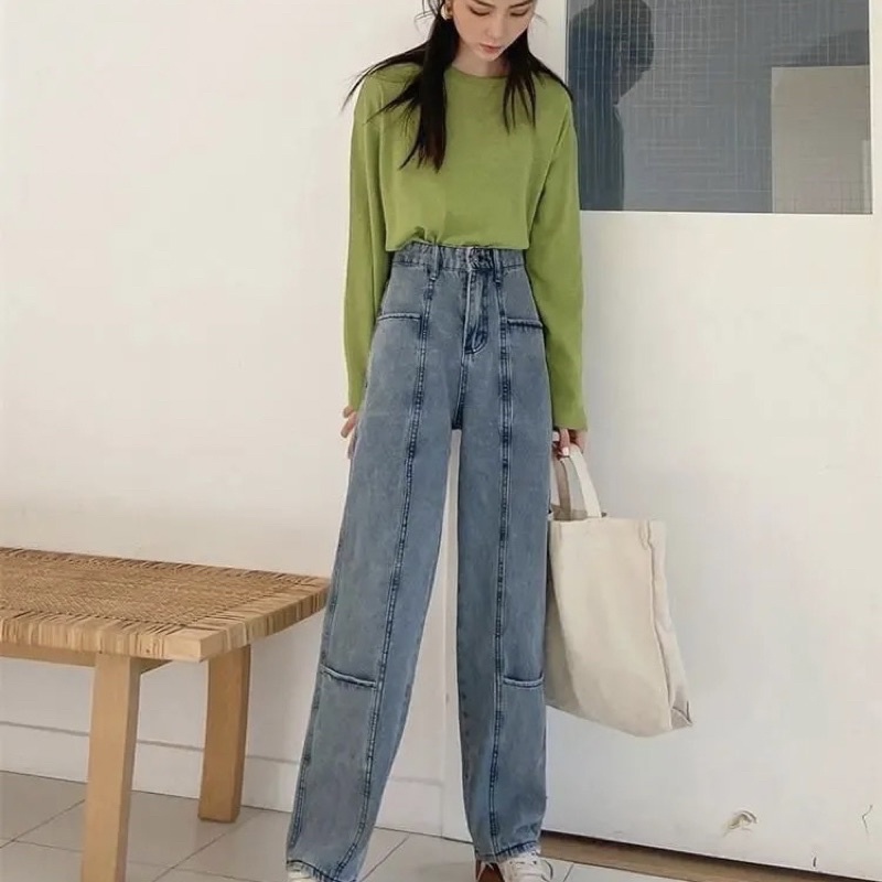 Quần Jean Nữ Ống Suông Đứng Màu Xanh Nhạt, Quần Bò Cạp Cao Basic Cá Tính Hot Trend Có Gân Đủ Size Loại 1 Style Ulzzang