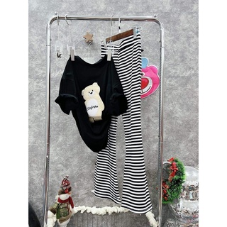 Set quần ống loe nữ cao cấp, thun cotton bigsize qbn dài loe sọc gấu thêu