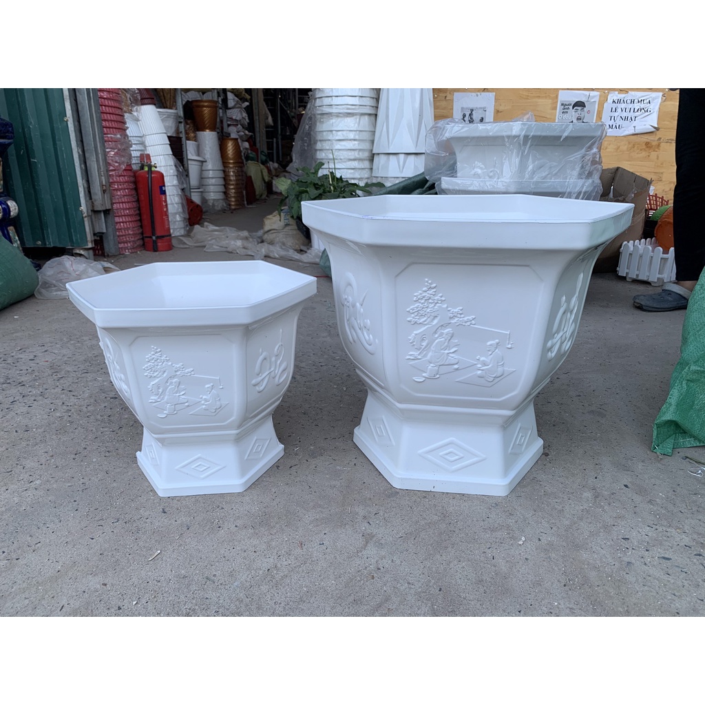 (32x30cm) Chậu nhựa cao cấp Ly chân cao lục giác họa tiết nổi size 1 trồng hoa cây cảnh cực sang