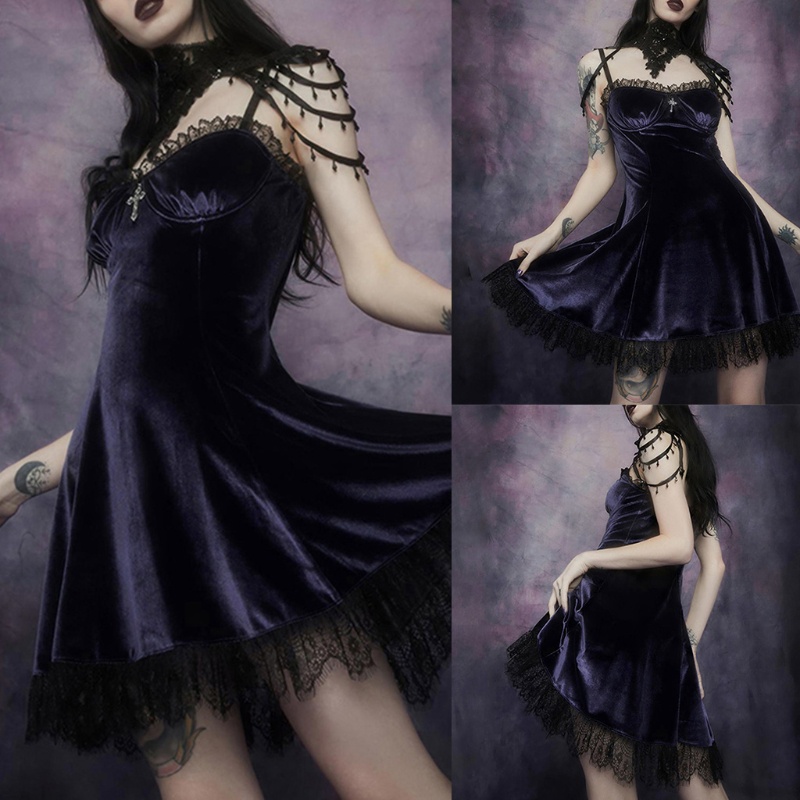 Đầm Nhung Mini Không Tay Phối Ren Phong Cách Gothic Punk Quyến Rũ Cho Nữ