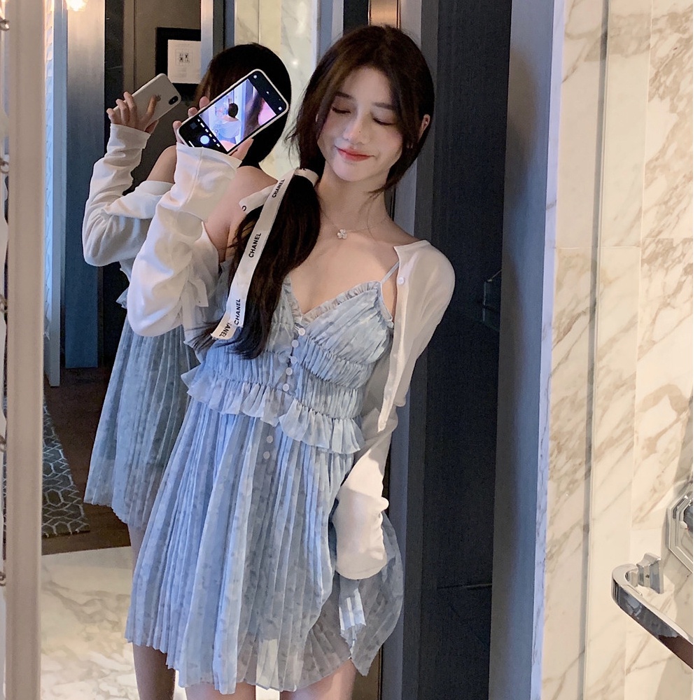 Set đầm hoa hai dây xếp ly + áo khoác cardigan Perty phong cách Hàn Quốc thời trang cao cấp cho nữ