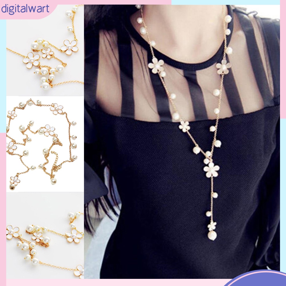 Dây chuyền dài mặt bông hoa đính ngọc trai nhân tạo sang trọng quý phái dành cho nữ