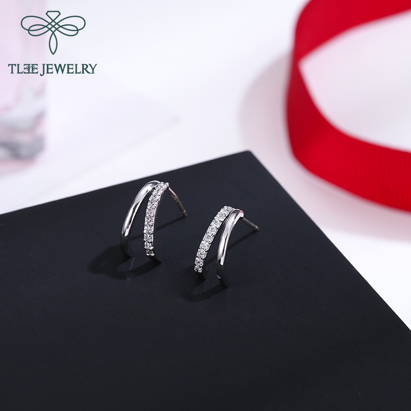 Khuyên tai bạc nữ TLEE móc kép cá tính nạm đá sang trọng TleeJewelry B0199