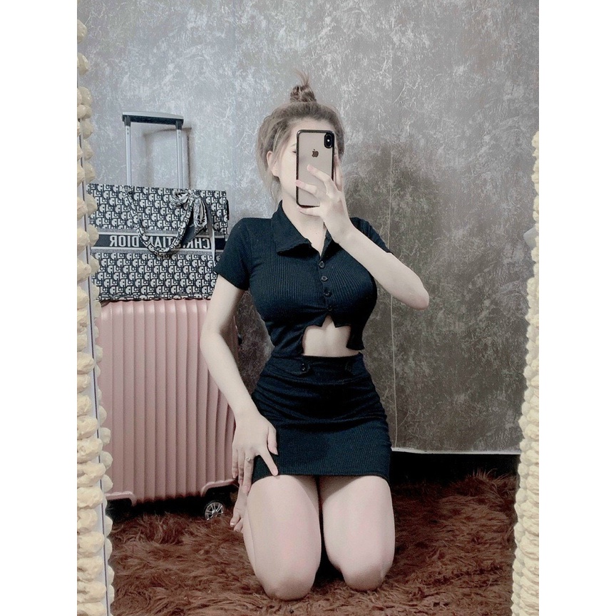 Sét gân áo croptop cổ bẻ cài nút chân váy ngắn ôm 2 nút đính lưng