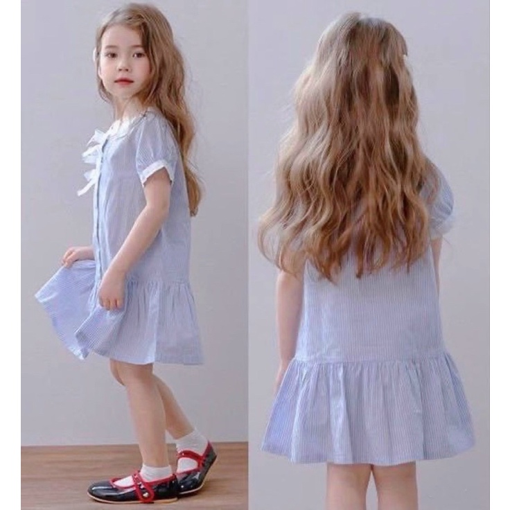 VB238 - VÁY BÉ GÁI SIZE ĐẠI CÀI CÚC KẺ XANH VIỀN TRẮNG