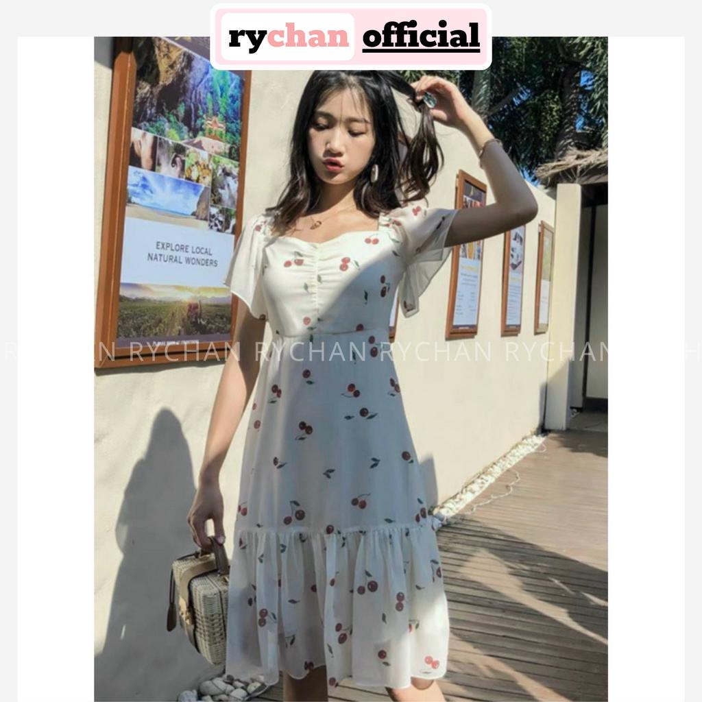 [ẢNH THẬT CUỐI] Đầm Váy Nữ Cổ Vuông Nhún Ngực Họa Tiết Cherry Đỏ Sang Chảnh, Đầm Nữ Đi Cafe Dáng Xòe Màu Trắng - DX170