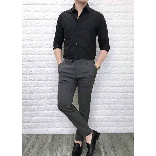 Áo Sơ Mi Dài Tay Nam Đen Trơn Chất Lụa Mịn Chống Nhăn Thời Trang Lịch Lãm