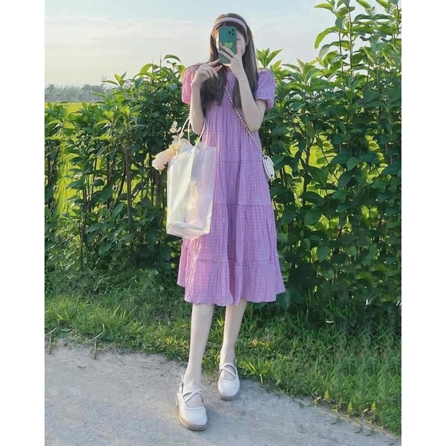 Váy Xốp Nhăn Tay Bồng Hai Lớp Pastel