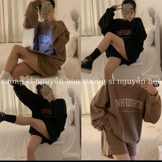 Set bộ nữ, sét bộ áo thun dài tay in chữ OTHOWEHNE form thụng mix quần đùi 2 màu đen/nâu Xưởng Sỉ Nguyễn Hoa