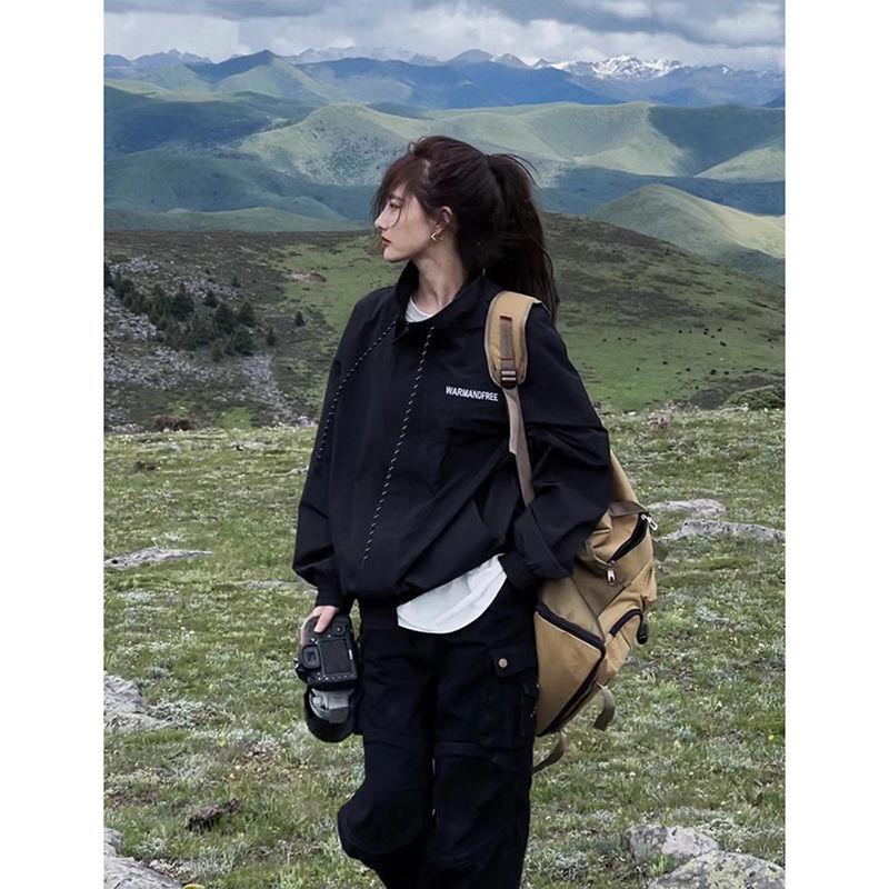 Áo Khoác Cổ Đứng Dáng Rộng Màu Đen Phối Dây Rút Thời Trang Mùa Thu Cá Tính