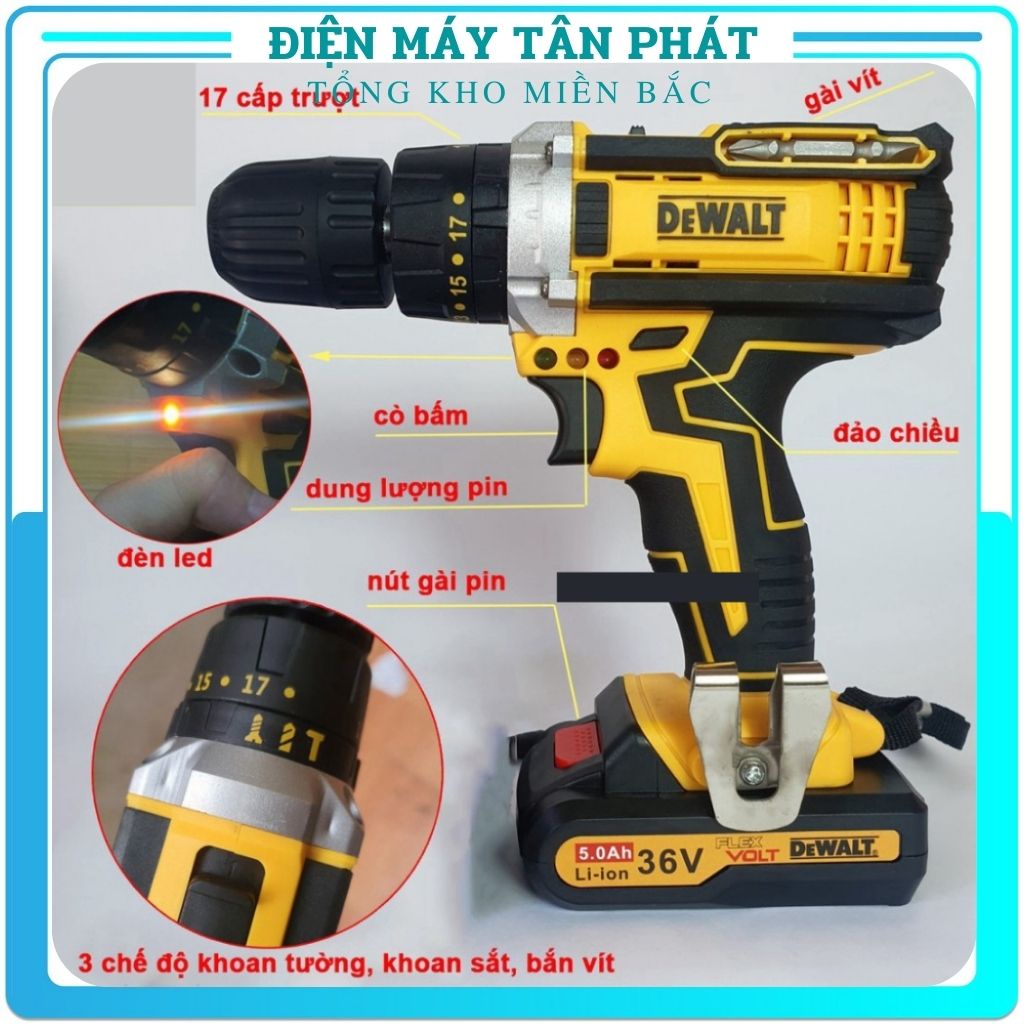 Máy khoan đục bắn bắt vít cầm tay đa năng Pin Dewalt 36V chính hãng mini giá rẻ có búa - 100% lõi đồng