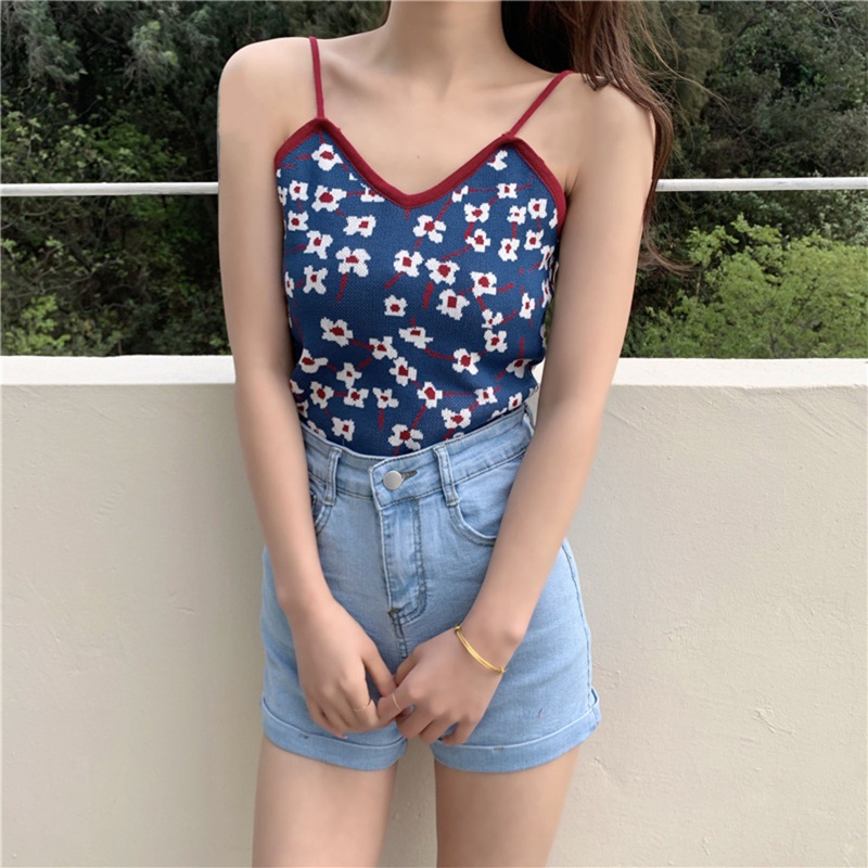 Áo Dệt Kim Hai Dây Cổ Chữ V Họa Tiết Hoa Nhiều Màu Sắc Thời Trang Mùa Hè Cho Nữ