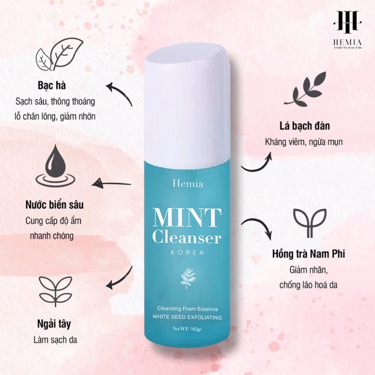 Sữa rửa mặt Tinh thể Bạc Hà Mint Cleanser Hemia dung tích 130ml giúp sạch sâu dưỡng ẩm làm dịu da