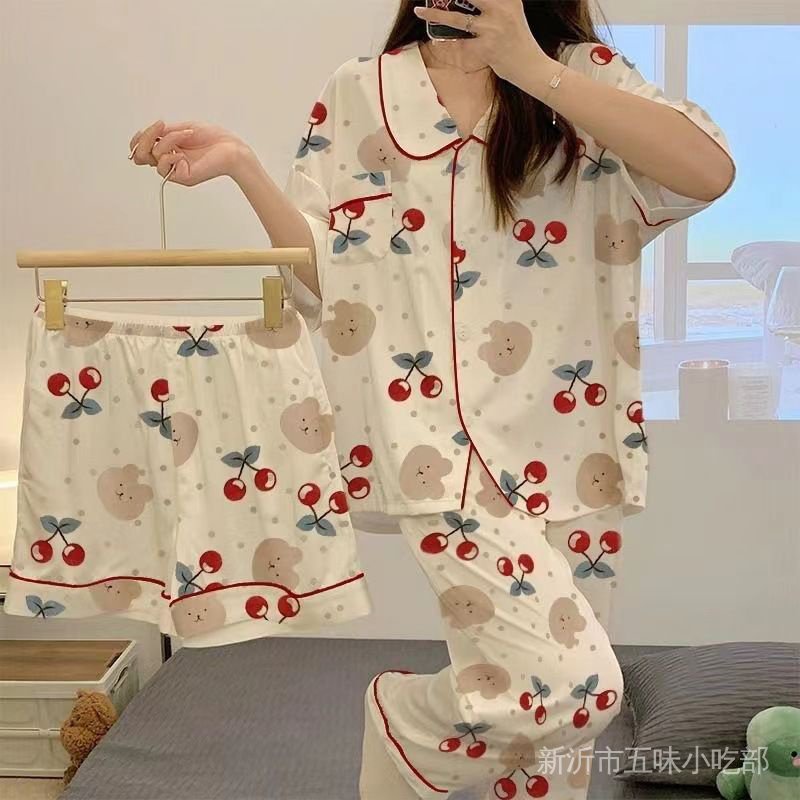 Bộ Đồ Ngủ Áo Tay Ngắn + Quần Short + Quần Short In Họa Tiết Hoạt Hình Dễ Thương Thời Trang Mùa Hè Cho Nữ