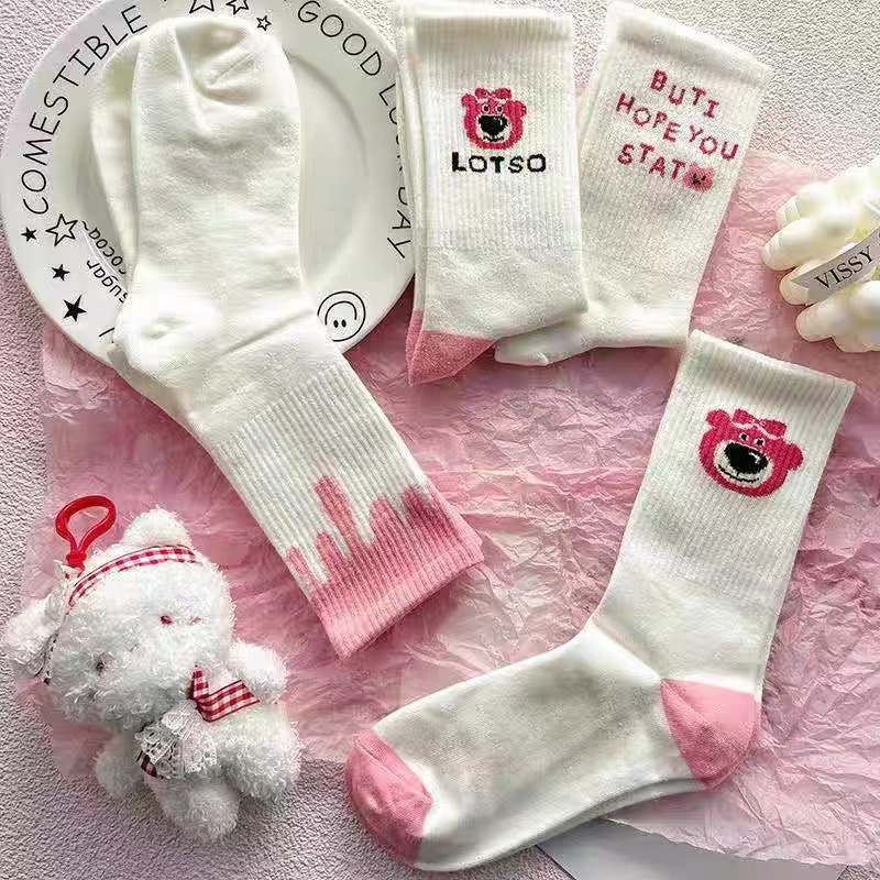 5 Đôi Vớ cổ cao hoạt hình LOTSO Bear màu hồng họa tiết dễ thương cho nữ