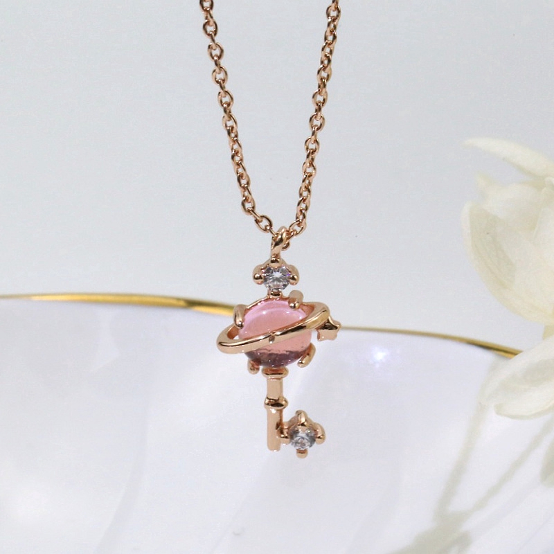 MANYUE Vòng Cổ Tinh Tế Của Phụ Nữ Pink Crystal Gemstone Pendant Rose Gold Necklace