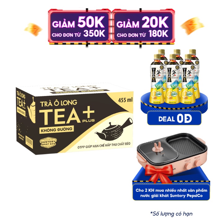 Thùng 24 Chai Trà Ô long Không Đường Tea+ (455ml/Chai)