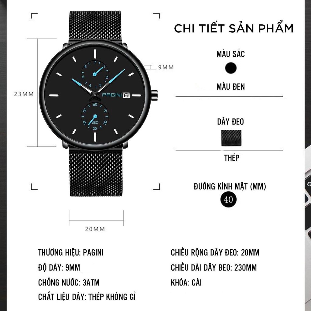 Đồng Hồ Nam PAGINI PA9966 Dây Titanium Thời Trang Cao Cấp - Kim Dạ Quang Có Lịch Ngày Chống Nước Chống Xước cao cấp | BigBuy360 - bigbuy360.vn