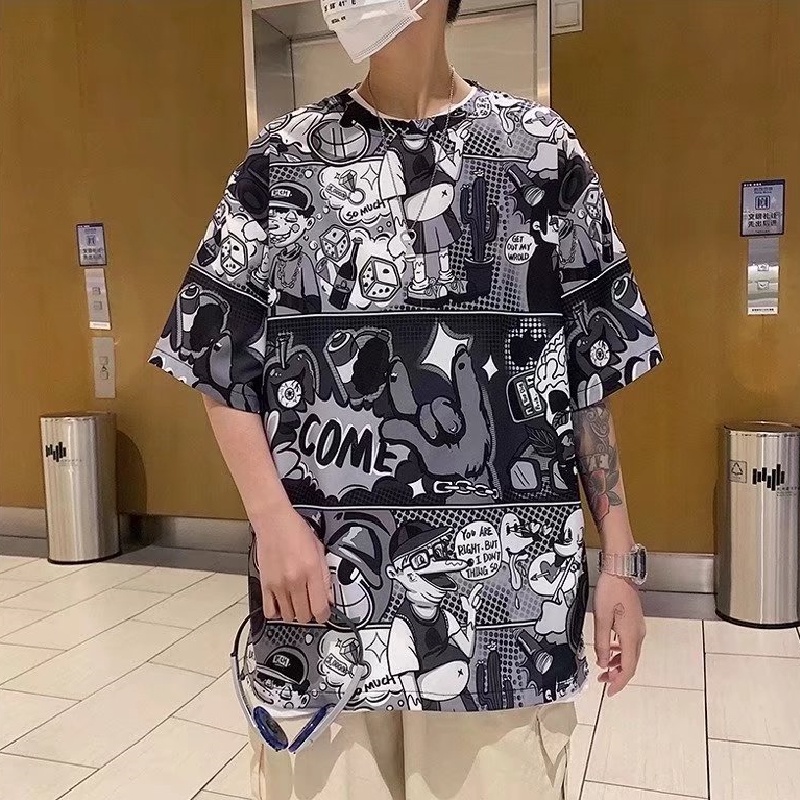 Áo Thun Tay Ngắn Dáng Rộng In Họa Tiết Hoạt Hình Size M-5XL Thời Trang Mùa Hè Cho Nam