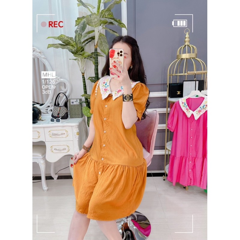 Đầm suông babydoll cổ thêu hoa, Đầm suông cổ áo thêu hoa