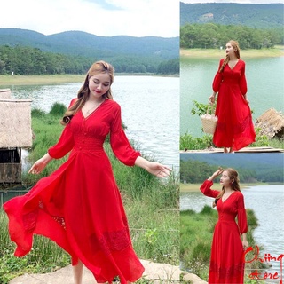 Đầm maxi đi biển đỏ phối ren xẻ tà dáng dài cổ V bo eo xinh đẹp Chiing Store DT020