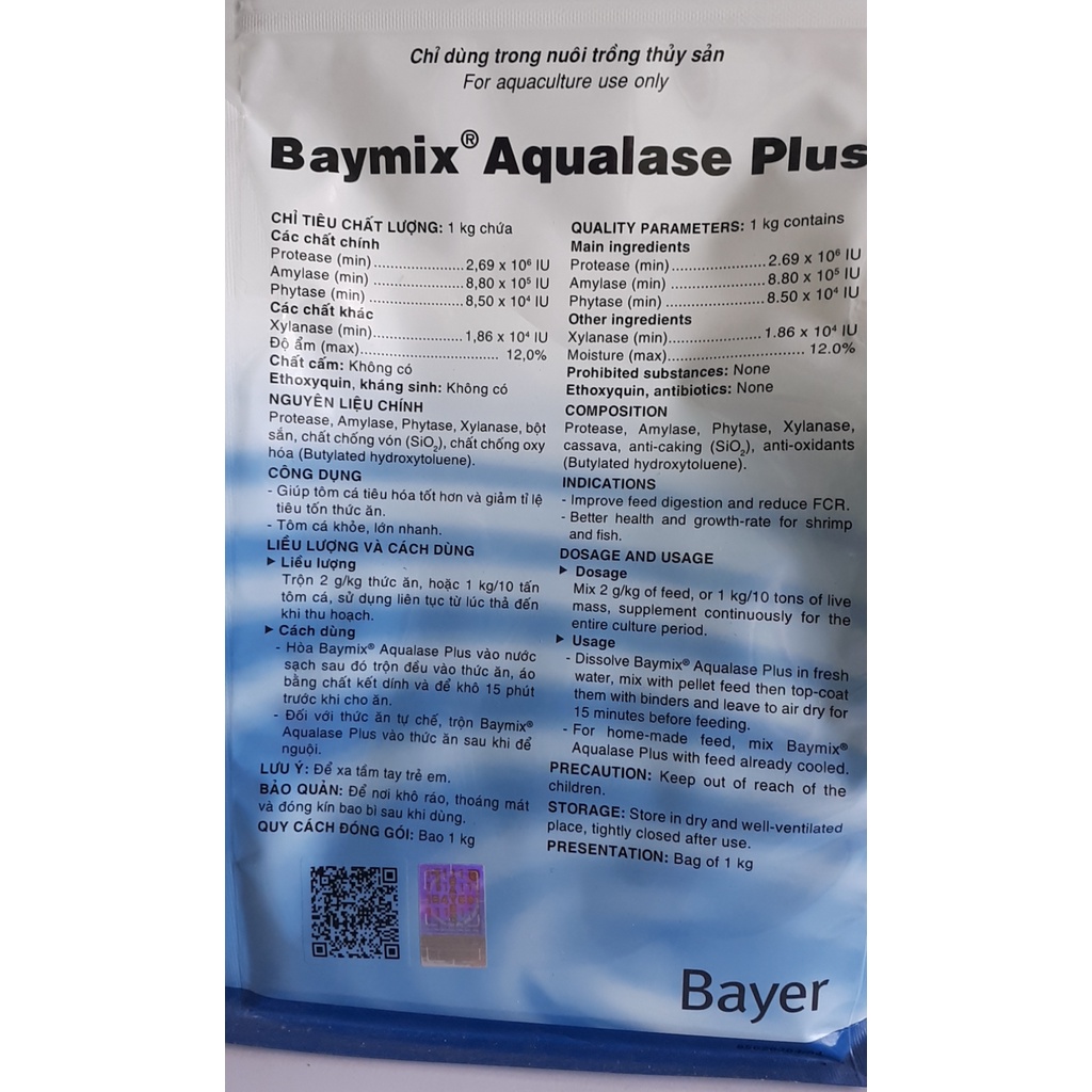 Men Tiêu hóa cho tôm, cá Baymix aqualase  túi 1KG