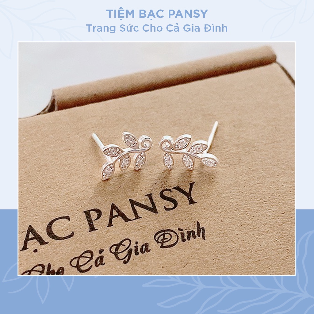 Bông tai bạc nữ PANSY hình lá oliu nạm đá, khuyên tai bạc ta 925 đẹp nữ tính