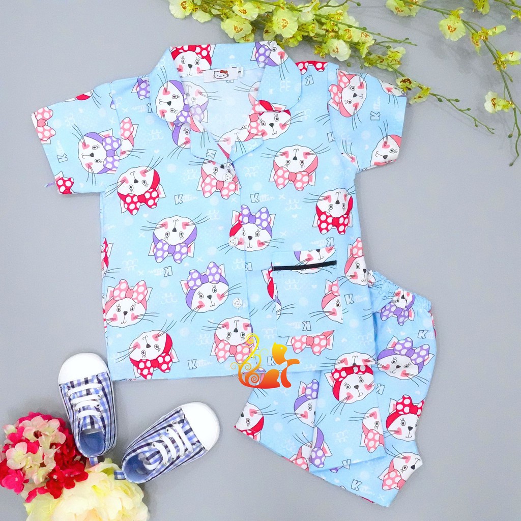 Đồ Bộ Pijama Kate Thái - &quot;Mèo Nơ Chấm Bi&quot; - Cho Bé 13-17KG