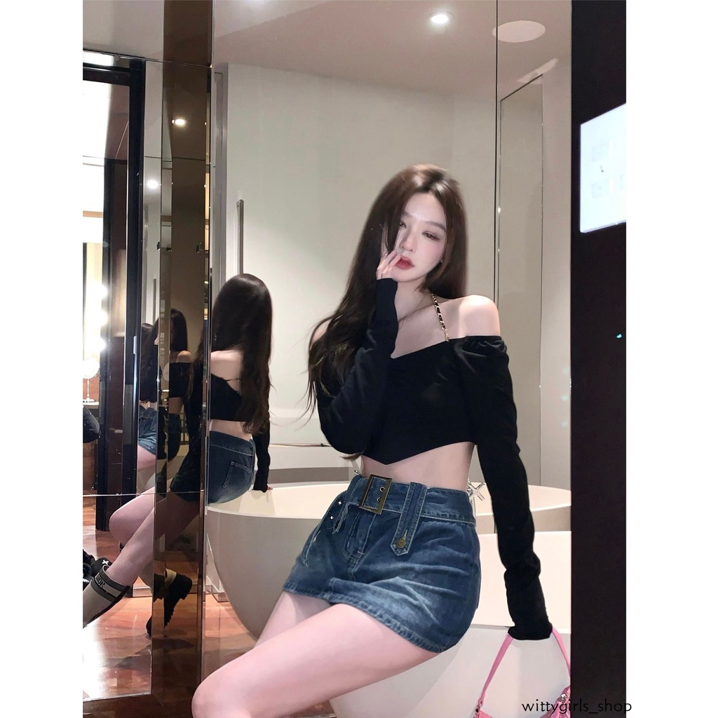 Wittygirls_ Shop | Áo Thun Tay Dài Phối Dây Xích Thời Trang Mùa Xuân Quyến Rũ Cho Nữ