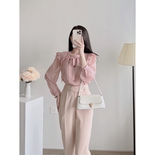 Áo sơ mi tơ cổ nơ lệch