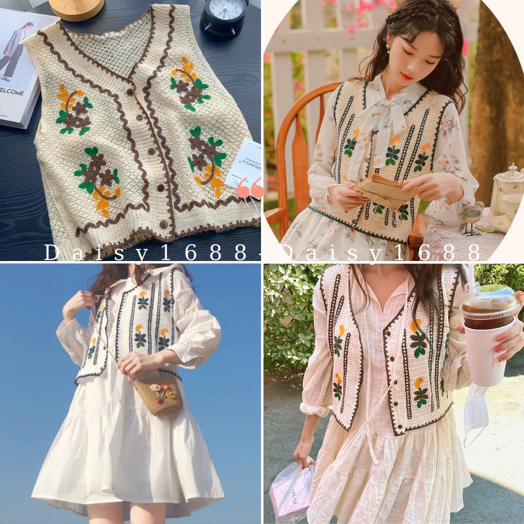 Sẵn- Áo Gile kiểu len móc nhiều mẫu mặc ngoài áo váy phong cách Vintage