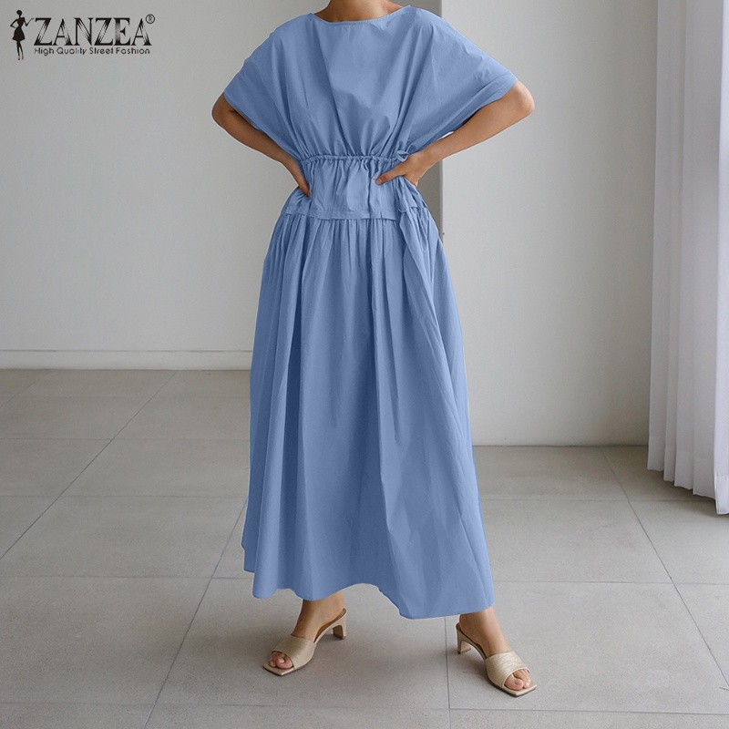 Đầm maxi ZANZEA tay ngắn cổ tròn dáng rộng màu trơn phối dây rút thời trang dành cho nữ
