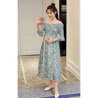 Váy bầu đầm bầu suông big size thời trang Maxi trễ vai xanh ngọc