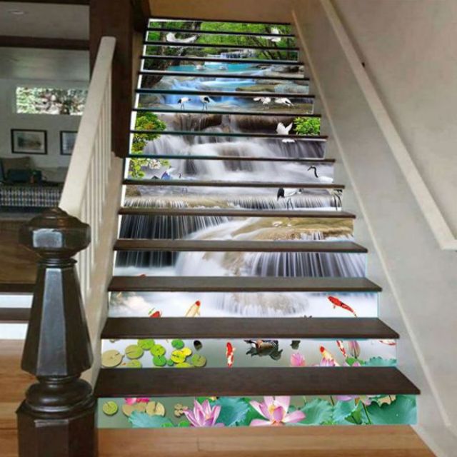 Tranh 3D dán cầu thang thác nước thiên nhiên 100x180cm