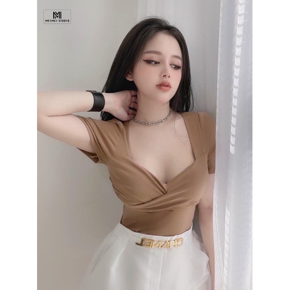 [Mã FAMARAL1 giảm 10K đơn 50K] Áo kiểu xoắn ngực tôn body, Áo thun dáng ôm ngắn tay sexxy co giãn AK6081 - NhiNhi Shop