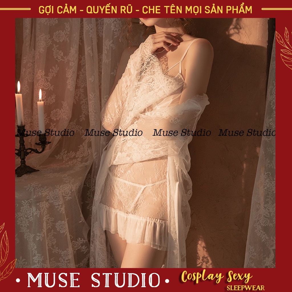 Áo choàng ngủ, Áo choàng tắm vải ren xuyên thấu mềm mại kèm đai (không kèm váy) MUSE STUDIO