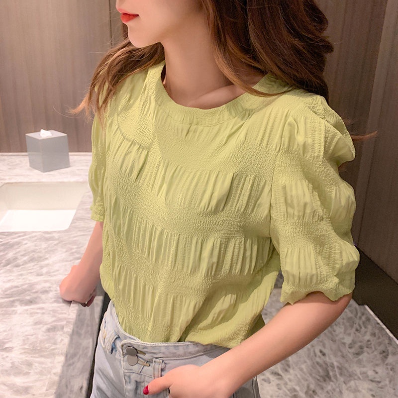 Áo nữ BH tay ngắn dáng rộng xếp nếp thời trang mùa hè phong cách Hàn Quốc