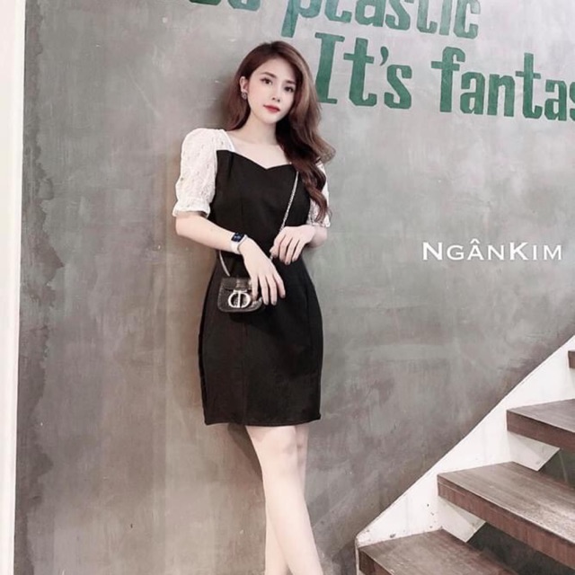 Váy cổ vuông phối tay thô ren