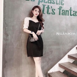 Váy cổ vuông phối tay thô ren