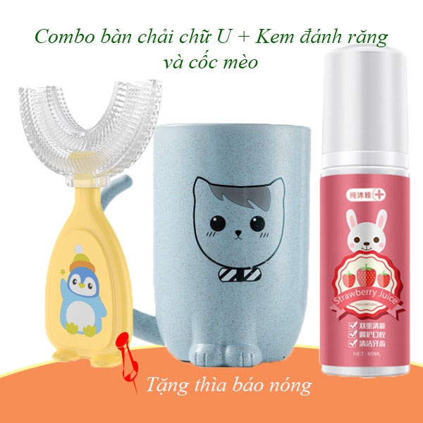 Combo bàn chải đánh răng cho bé chữ U + Cốc Mèo + Kem đánh răng tạo bọt hương dâu cam.  Món quà chăm sóc răng miệng bé