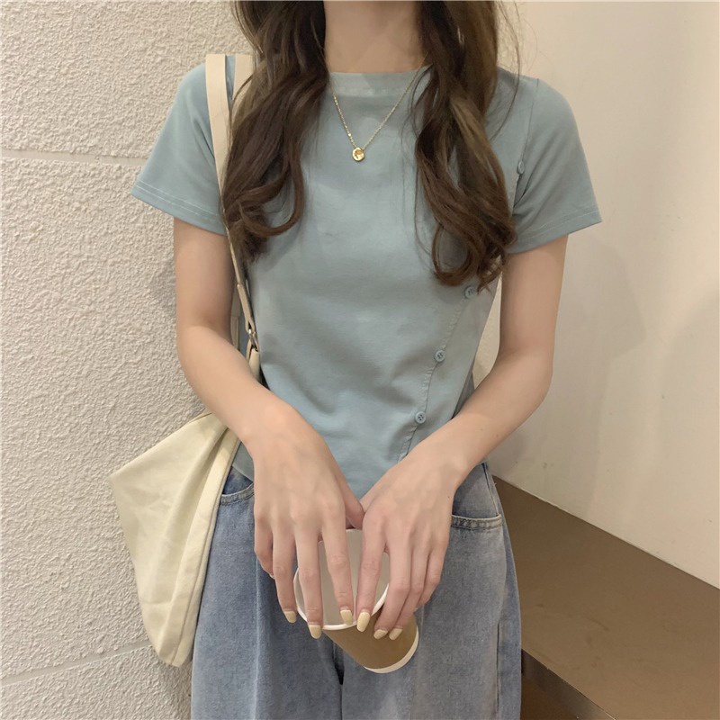 IELGY    Áo Thun Ngắn Tay Ôm Dáng Phong Cách Hàn Quốc Cho Nữ