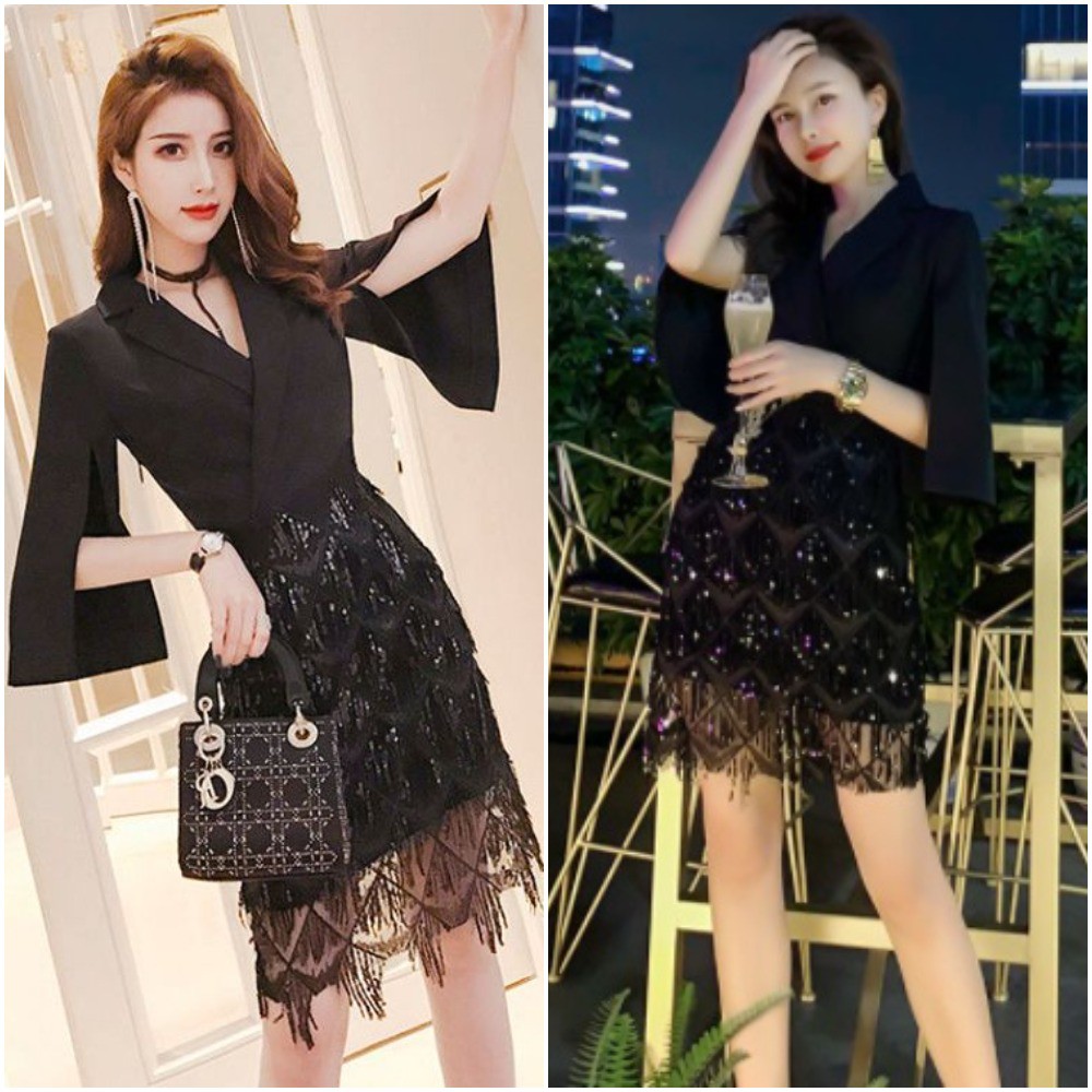 Đầm body cổ vest phối ren - HK
