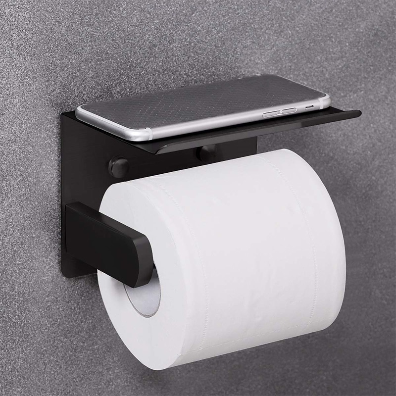 Giá Đỡ Cuộn Giấy Vệ Sinh Gắn Tường Bằng Thép Không Gỉ 304 Kèm Kệ Đựng Điện Thoại Tiện Lợi Đen