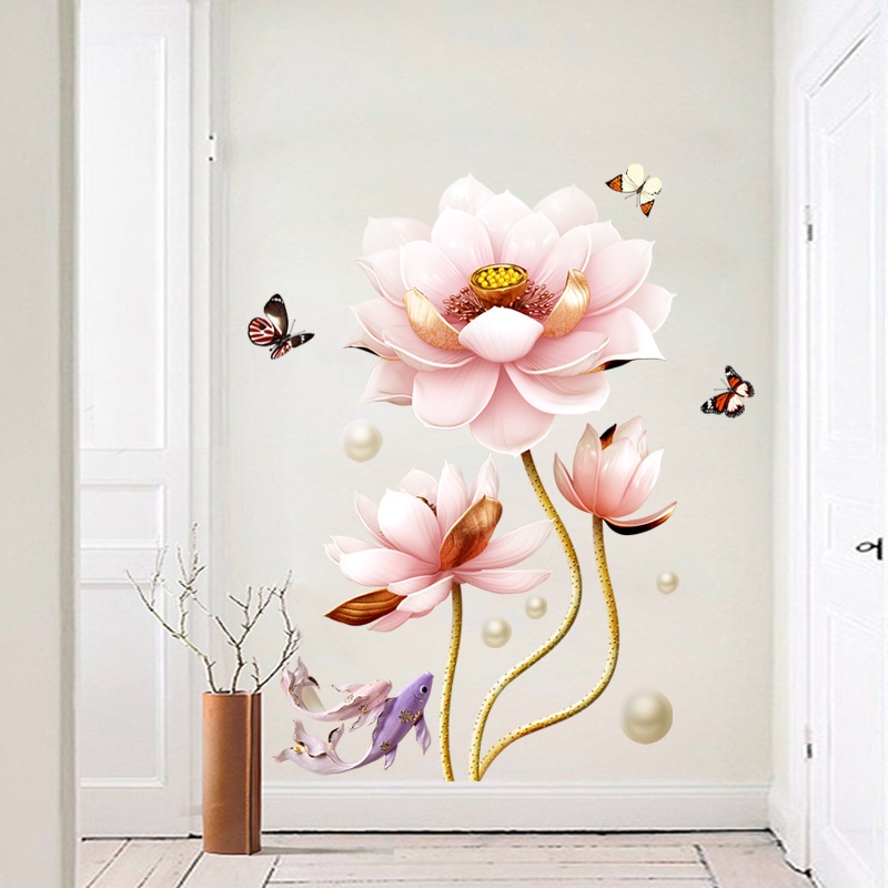 Tranh dán tường 3D Ba bông sen, Tranh hoa sen KT 90x110cm, Decal trang trí phòng